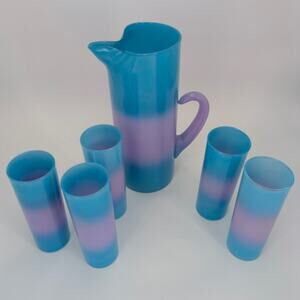 Blendo Bermuda Twist Pitcher Set Blue Purple Glass VTG 1950 Blenko West Virginia
